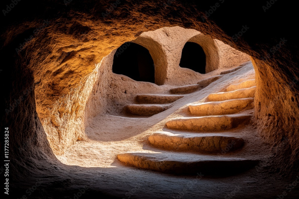 Poster A realistic view of the narrow staircases inside a ksar, with the light filtering through small openings in the walls