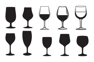 Vector icon set of utensil. cocktail  glasses , Isolated sign glass of wine on white background. Vector illustration. set of Minimalist wine glass icon silhouette