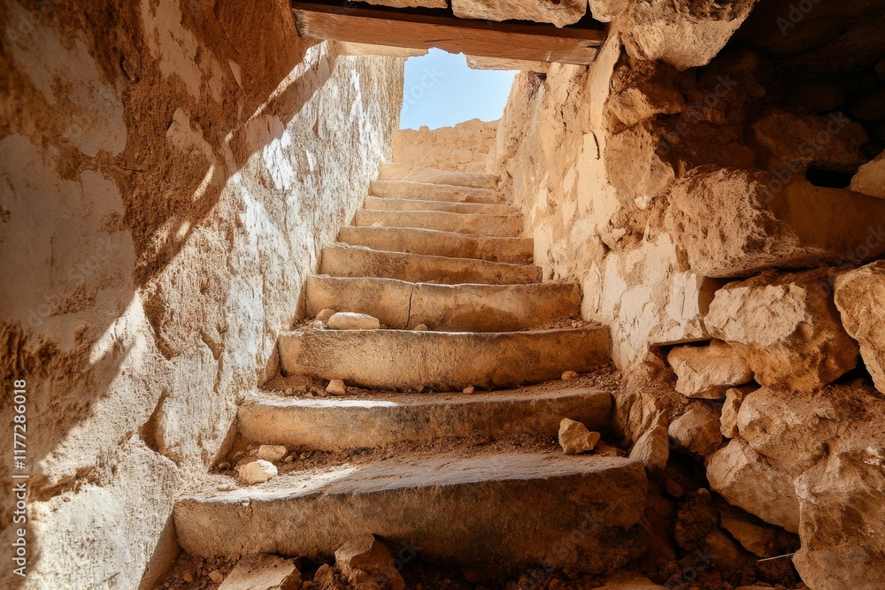 Poster A realistic view of the narrow staircases inside a ksar, with the light filtering through small openings in the walls