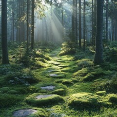 Obraz premium Sunbeams illuminate mossy path through misty forest at sunrise