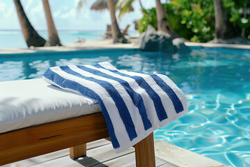 Striped beach towel draped over poolside lounge chair, shimmering water and bright sunlight