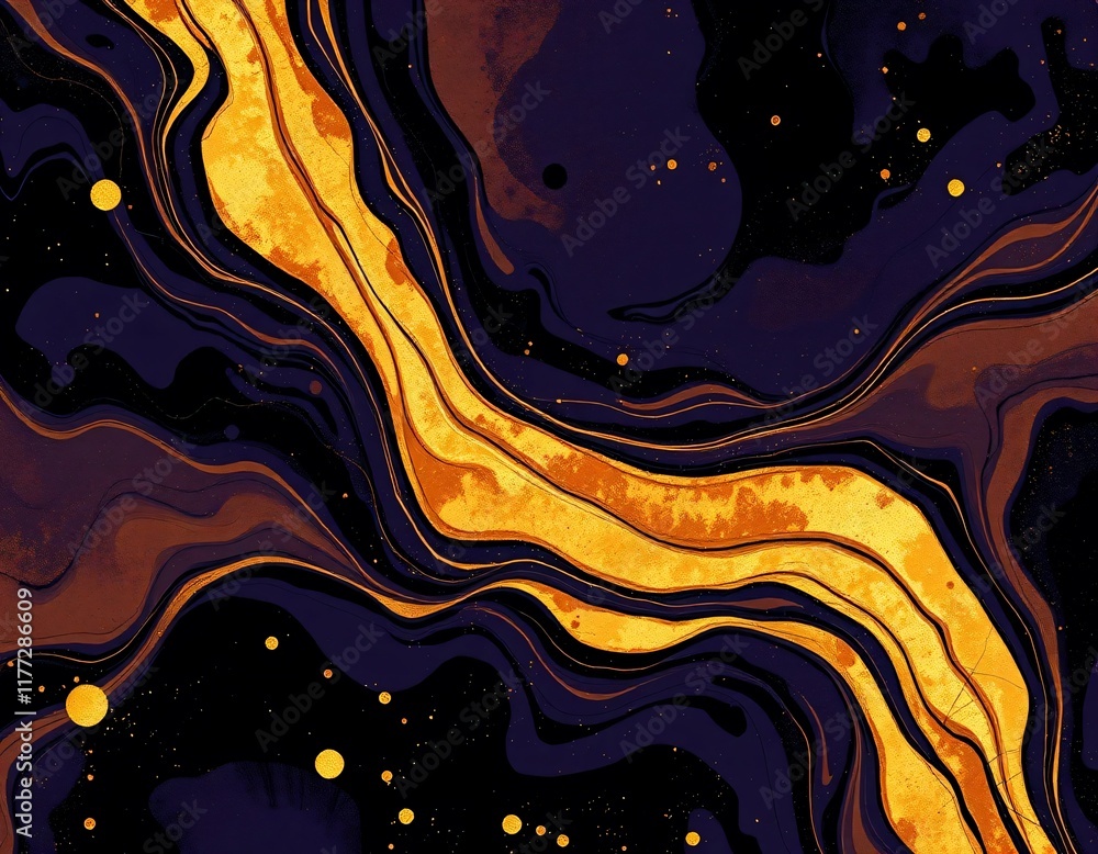Poster an abstract pattern with streams that resemble a liquid river of gold, surrounded by splashes of dar