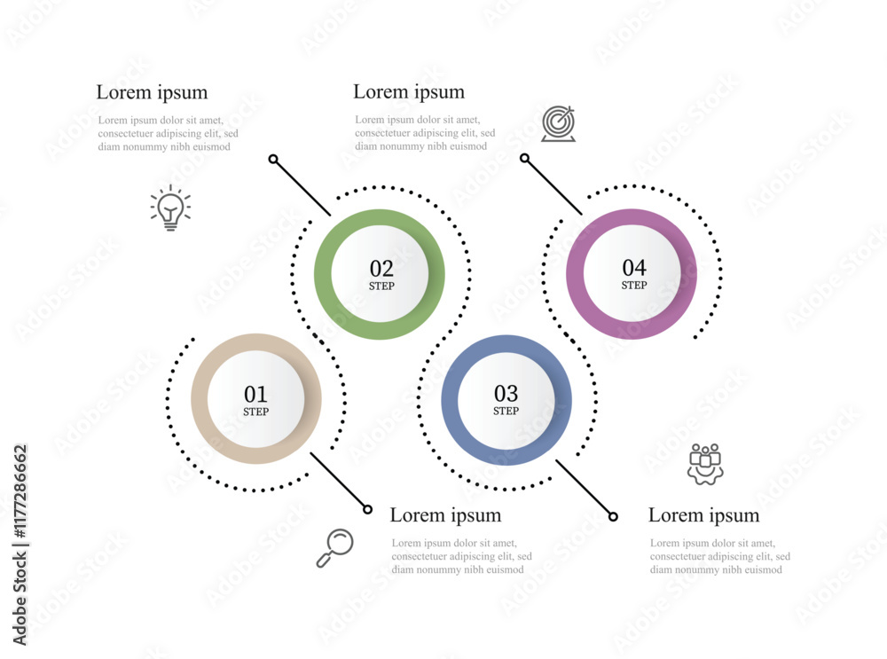 Aufkleber banner template infographic. 4 step point timeline with circle concept and line connected