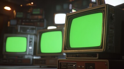 Vintage old televisions with chroma key green screen