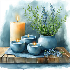 Watercolor style spa image, popular modern illustration creating a sublime, comfortable and elegant atmosphere for ultimate relaxation