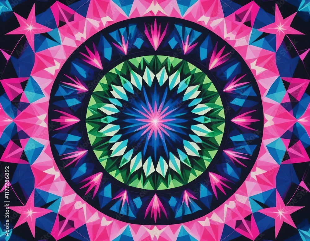 Poster abstract geometric patterns that resemble a kaleidoscope display with a galactic feel. bright colors