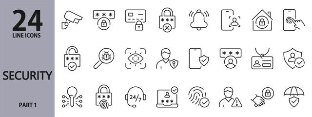Security line icons set with Protection, Payment, Fingerprint, Password, Face, Safety, Lock, Computer, Camera, Data, Access and more. Editable Stroke
