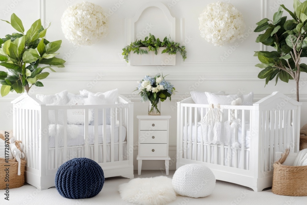 Poster A simple graphic of twin cribs with identical designs, placed symmetrically on a clean white background