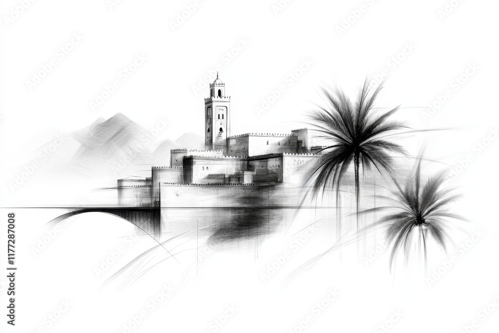 Poster a simple line art depiction of a ksar and its oasis, drawn with delicate strokes on a clean white ba