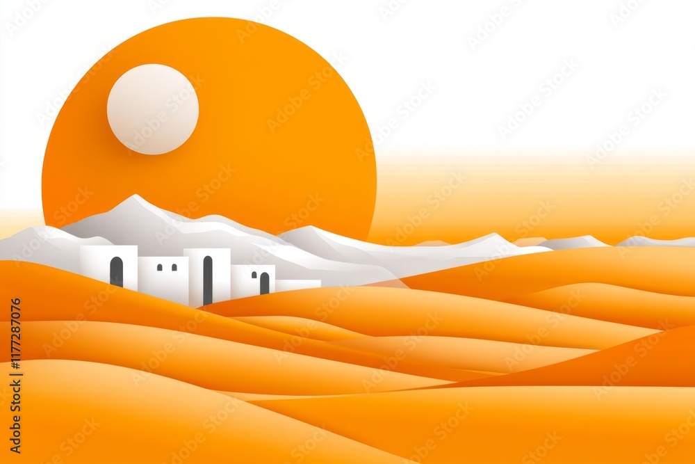 Aufkleber a simple line art depiction of a ksar, with clean geometric shapes representing the granaries and wa