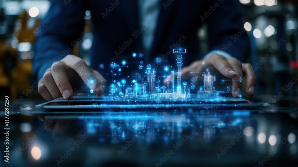 Poster a person interacts with a digital interface displaying holographic data and graphics.