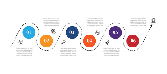 6 step point direction workflow, business presentation concept. Vector template infographic 