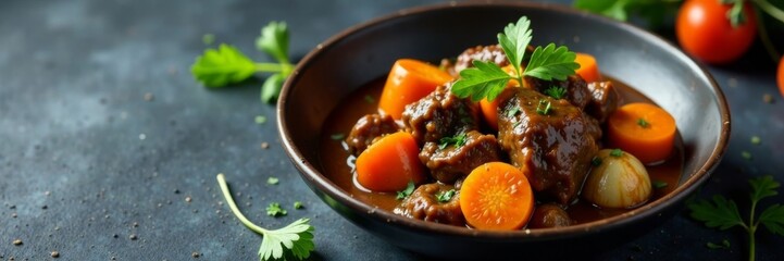 Beef bourguignon stew with carrots and onions on a dark grey surface, meal, vegetables, dark grey
