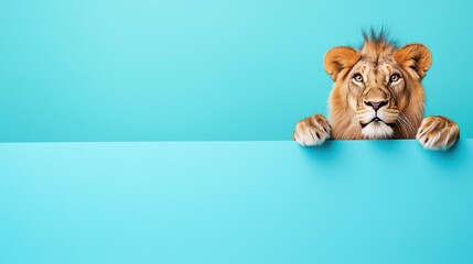 A playful lion curiously looking forward