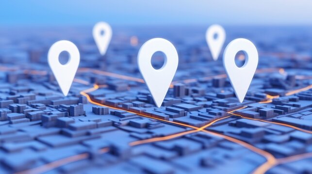 Futuristic city map with glowing pathways and location markers highlighting navigation