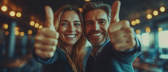 Obraz premium Two smiling individuals giving thumbs up in a cheerful setting.