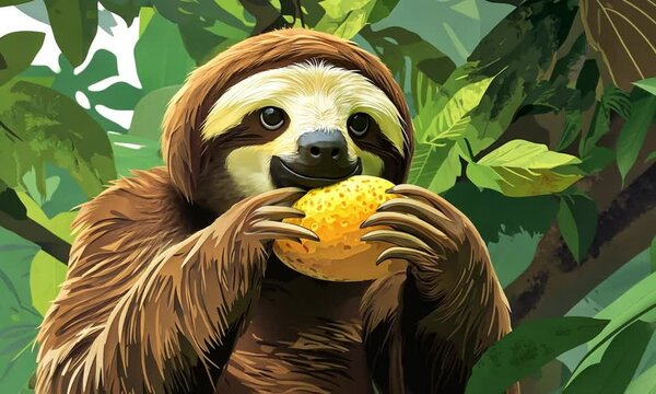 A three-toed sloth contentedly eating a piece of tropical fruit in a lush green rainforest.