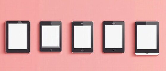 five tablets on a pink background