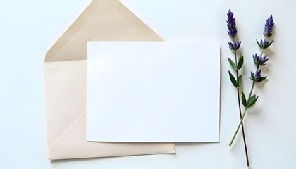 Blank greeting or wedding invitation card mockup with envelope and lavender