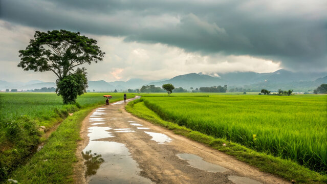 The country road stretches ahead, winding through lush green rice fields that merge with the horizon. Rain and puddles. Peace and tranquility. - Powered by Adobe