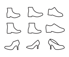 vector fashion shoes silhouette, set of icon boots, Set of isolated sneakers silhouettes for man and woman. Fashion elements. Dress shoes icons for designs.