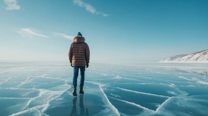 A person standing on a frozen lake, surrounded by ice and a clear blue sky.