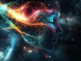 a profile of a person with colorful, glowing, cosmic energy surrounding their head