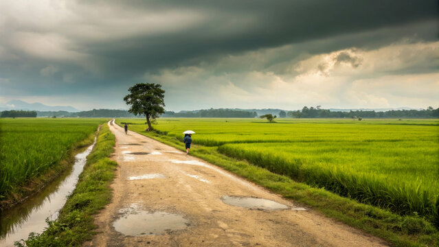 The country road stretches ahead, winding through lush green rice fields that merge with the horizon. Rain and puddles. Peace and tranquility.