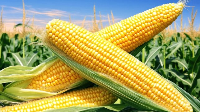 Ripe yellow corn on the cob in a field. - Powered by Adobe