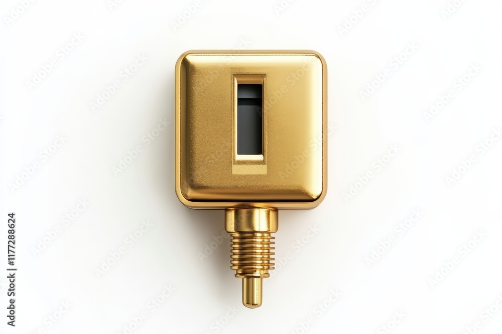 Poster close-up of a gold-colored, square-shaped object with a small window on white background