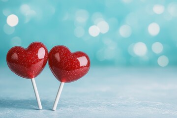 Fototapeta premium Two glittery red heart lollipops symbolizing sweetness and love against a dreamy background