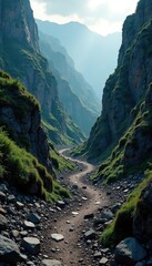 Obraz premium Winding mountain path disappearing into a deep, mysterious sinkhole, atmospheric, debris