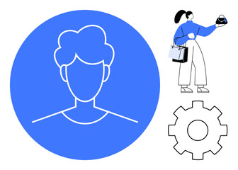 Avatar outline in blue circle, woman with ponytail holding clock and shopping bags, gear icon. Ideal for e-commerce, time management, user profile, online shopping, productivity, technology