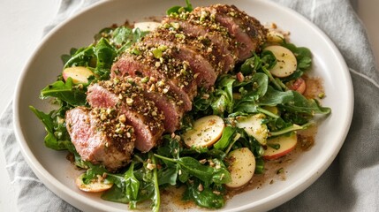 Juicy herb-crusted lamb with arugula and apple salad
