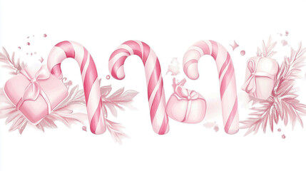 Fototapeta premium National Candy Cane Day Pastel pink candy canes and gifts with festive details on a white background