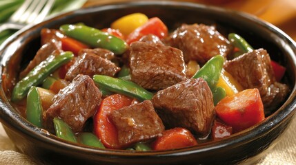 Hearty beef stew with vegetables in a rustic bowl