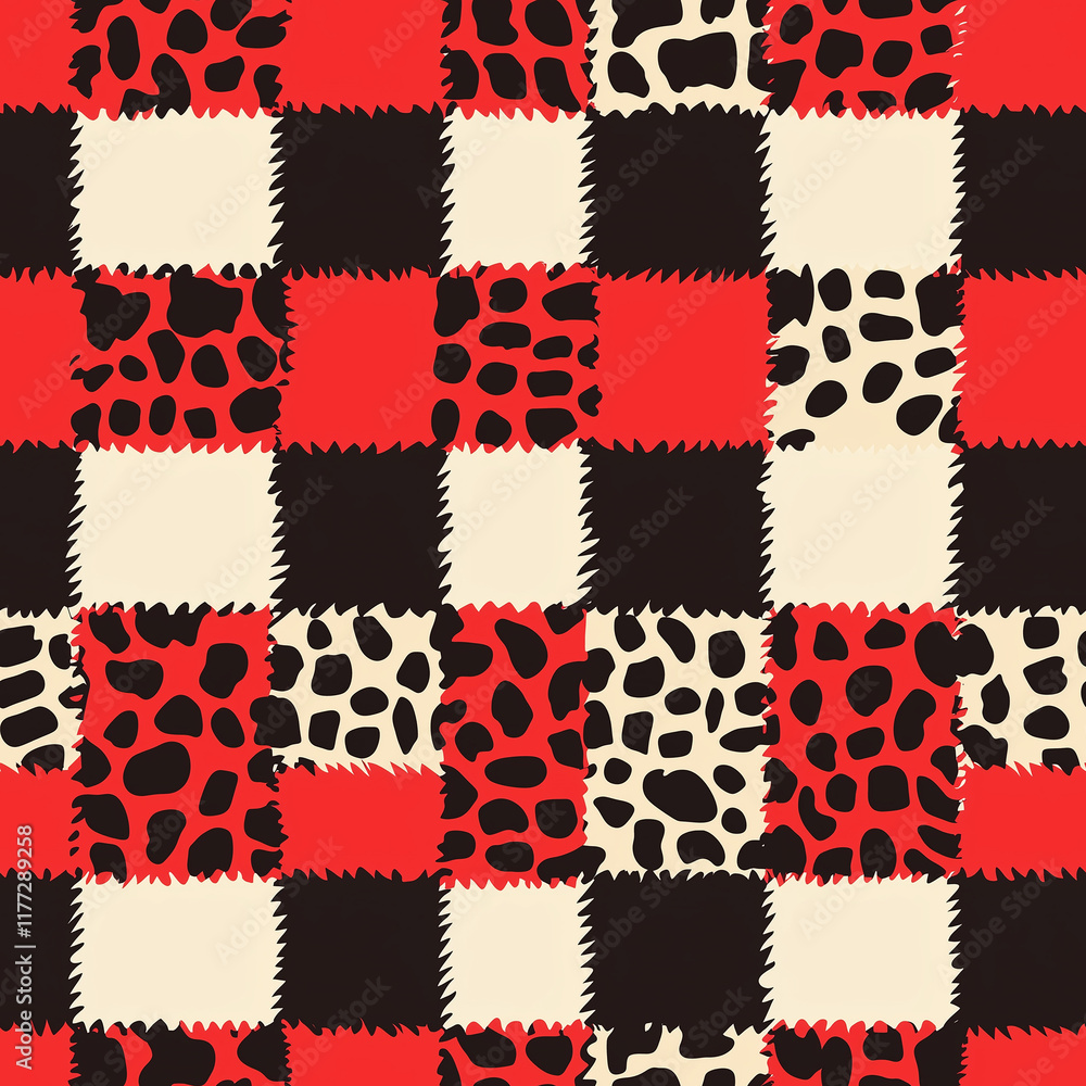 Poster dynamic gingham seamless pattern design vibrant red and black color scheme textile art creative abst