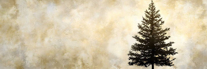minimalist Christmas tree silhouette stands against textured golden background, evoking warm and festive atmosphere. Perfect for holiday themed designs