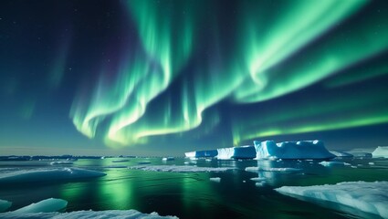 Majestic Northern Lights Over Arctic Icebergs and Ocean Reflections