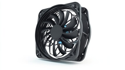 close up of a black cooling fan on a white background