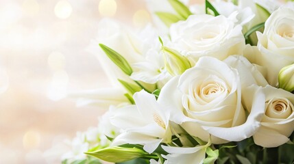 Elegant White Roses and Lilies Bouquet with Soft Bokeh Background