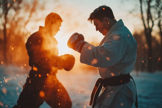 A training montage featuring a boxer shadowboxing while a Tae Kwon Do practitioner practices high kicks
