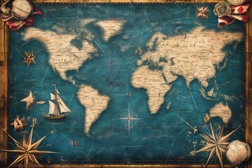 Naklejka premium Vintage world map showing continents, sailing ship, compass rose, and navigation tools