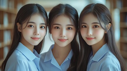 Fototapeta premium Three Asian young campus students enjoy tutoring and reading books together. Friendship and Education concept. Campus school and university theme. Happiness and funny of learning in college.