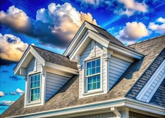 Asphalt shingle gable roof, sharply detailed, with a dormer window set against a bright blue sky.