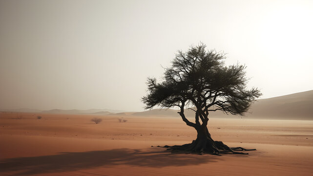Stranded and helpless as an oasis concept as a vulnerable single tree in a hot arid desert as a withdrawn metaphor, dark. Generative AI