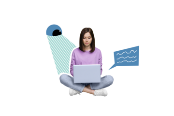 Collage 3d image of pinup pop retro sketch of eye peeking serious lady typing modern device isolated painting background