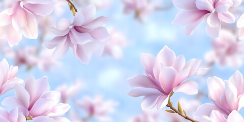 Fototapeta premium Delicate pink magnolia blossoms against a light blue sky.