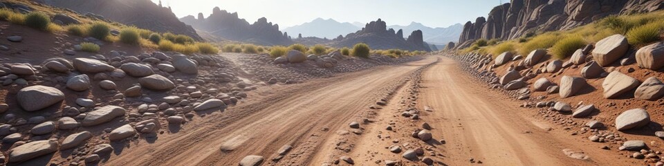 Obraz premium Unpaved gravel road with uneven stones and dirt trails, aged, rugged