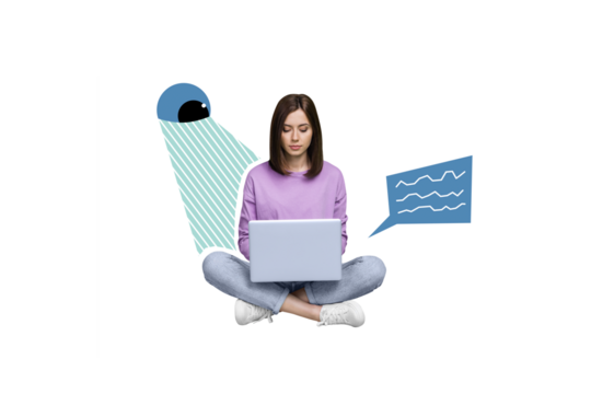 Collage 3d image of pinup pop retro sketch of eye peeking serious lady typing modern device isolated painting background